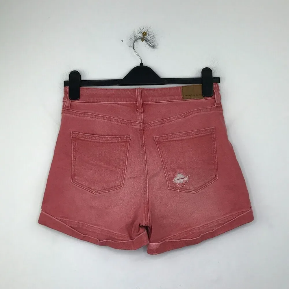 American Eagle Women's 4 Shorts Red Denim Mom Short Distressed Stretch Cuff CE11